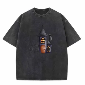 Women's Retro Crew Neck Short Sleeve T-Shirt - Haunted House